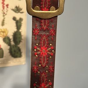 Lucky Brand brown belt with red embroidery and brass buckle and studs